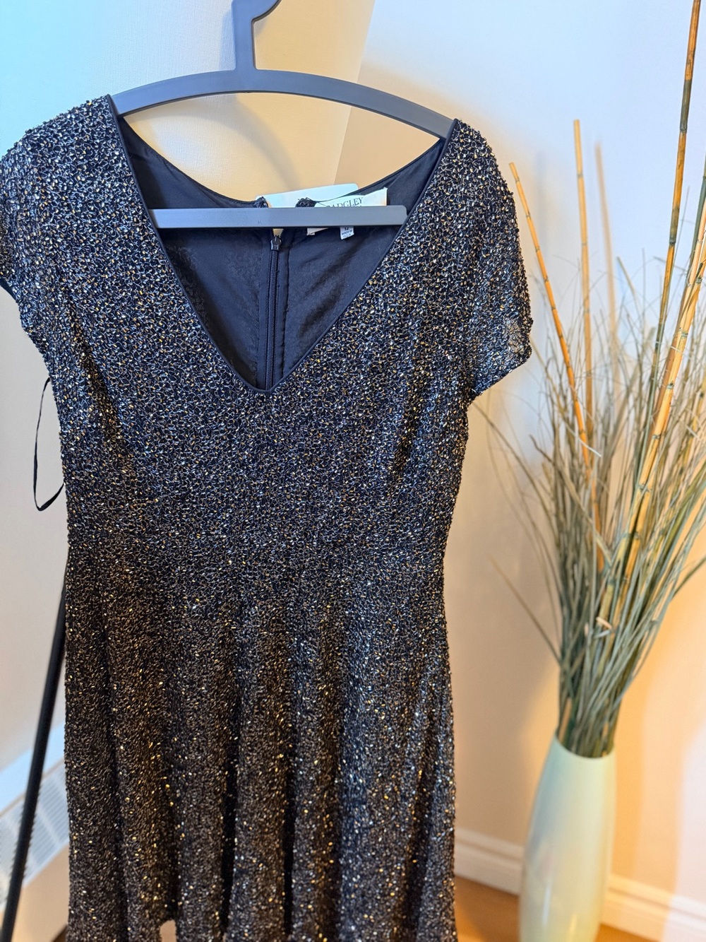 Badgley Mischka Black Glitter, beaded V-Neck Evening Dress